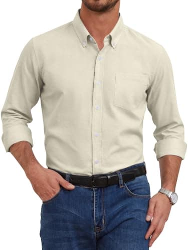 GIANZEN Khaki Shirts for Men Men's Casual Button-Down Mens Button Down Long Sleeve Oxford Dress Shirt Khaki Size L - Image 1