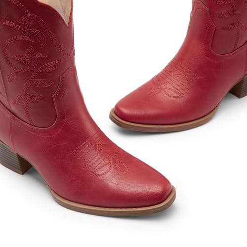 Athlefit Women's Cowboy Cowgirl Ankle Boots Square Toe Low Chunky Heel Embroidery Western Short Booties for Country Concerts Red Size 11, AD00764 - Thumbnail 5