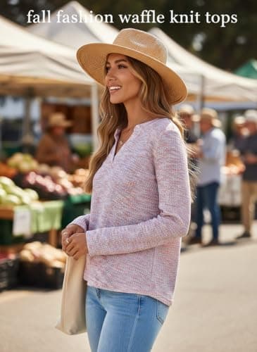 Dokotoo Long Sleeve Shirts for Women V Neck Waffle Knit Shirts for Women Trendy Dressy Tops Business Casual Outfits Fall Fashion 2026 Basic Tee Blouses Tunic Tops Pink Blouses L - Thumbnail 6