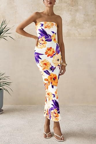 PRETTYGARDEN Women's 2026 Summer Floral Bodycon Maxi Dresses Ribbed Strapless Tube Casual Boho Party Long Dress (Floral White Yellow,Small) - Thumbnail 5