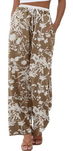 ONLYSTORY Plus Size Wide Leg Pants for Women with Pockets Casual Loose Adjsutable Drawstring High Waisted Floral Print Trousers - Image 1
