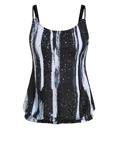 ZAFUL Womens Tankini Tops Blouson Tummy Control Swim Top Loose Fit Bathing Suit Top No Bottom 1-Black Stripes M - Thumbnail 2