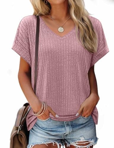 JUSTFASHIONNOW Womens Summer Tops 2026 Trendy Short Sleeve V Neck T Shirts Split Side Cute Tops Flowy Blouses Vacation Outfits Pink L - Image 1