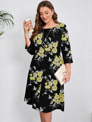 AusLook Women's Plus Midi Dresses Crew Neck A Line 3/4 Sleeves Casual Elegant Loose Flowy Wedding Guest Maternity Vacation Beach Black Golden Floral 2X Dress with Pockets - Thumbnail 4