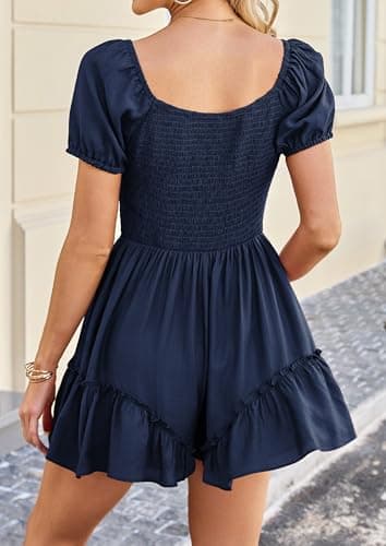 ECOWISH Womens Summer Short Rompers Tie Front V Neck Short Sleeve Ruffle Hem Beach Romper Dress with Pockets 2026 Navy Blue Large - Thumbnail 4
