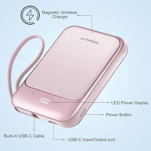 Magnetic Power Bank 10000mAh, Wireless Portable Charger with 15W Max Fast Charging & Built-in USB-C Cable, 22.5W PD LED Display Battery Pack Compatible with iPhone 17/16/15, Samsung Galaxy(pink) - Thumbnail 5