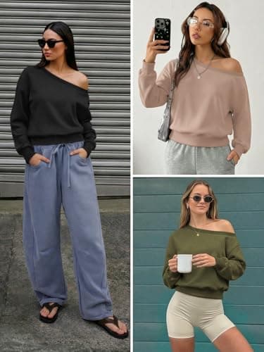 ATHMILE Womens Brown Off the Shoulder Sweatshirt Crop Top Long Sleeve Pullover Comfy Sexy Y2K Casual Fall Outfits 2026 - Thumbnail 5