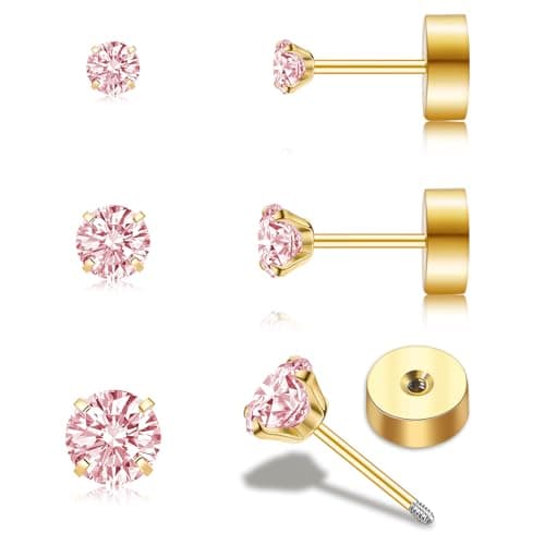 Handmade Tiny Flat Back Stud Earrings: 3 Pairs 14K Gold Plated Screw Flatback 2 3 4mm Cubic Zirconia Earrings Cartilage Piercing Jewelry for Women Helix Tragus Earlobe, Metal, Cubic Zirconia