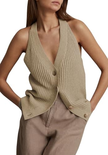 Women Sweater Vest Button Down Sleeveless V Neck Knit Tank Top Cardigan Vest Khaki M - Image 1