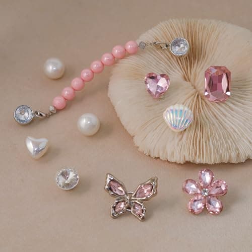 Wenobby 20 Pcs Bling Gem Shoe Decoration Charms for Women Girls, Cute Pink Pearl Rhinestones Butterfly Flower Shell charms with 2 Pearl Chains, Girly Accessories for Clog Sandals Party Gift - Thumbnail 5