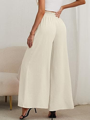 AusLook Women's Wide Leg Dress Pants with Pockets Ivory Large Lightweight Elastic High Waisted Adjustable Tie Knot Flowy Loose Slacks Lounge Casual Ladies Beach Pleated Trousers - Thumbnail 5