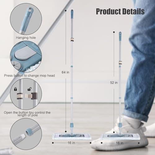 Homilifibra Dust Mop for Floor Cleaning,Magnetic Floor Flat Mop with 2 Washable Pads -Extendable 64‘’ Iron Handle for Hardwood Tile Marble Laminate Floors,Blue&Gray - Thumbnail 6