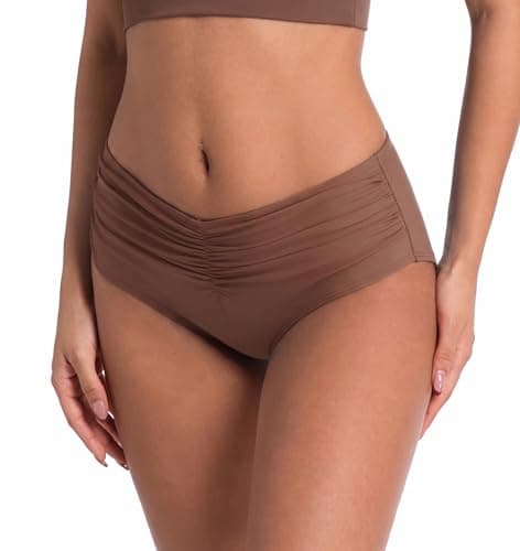 COCOPEAR Mid Rise Bathing Suit Bottoms for Women Ruched Tummy Control Swim Bottoms Full Coverage Bikini Bottoms for Women Dark Brown M - Thumbnail 3