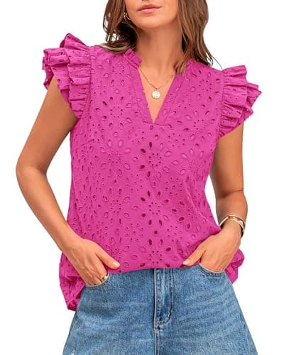 BTFBM Women Summer Eyelet Tops Dressy Casual V Neck Ruffle Cap Sleeve Cotton Boho Shirts Lace Embroidered Blouses 2025(Rose Red, X-Large)