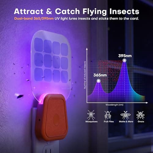 Fruit Fly Traps,Plug in Fly Trap with UV Light & Glue Cards,Fly Trap Indoors for Gnats, Mosquitoes,Moths & More,Insect Trapper for House Kitchen Garage, 2 Pack & 6 Refills - Thumbnail 3