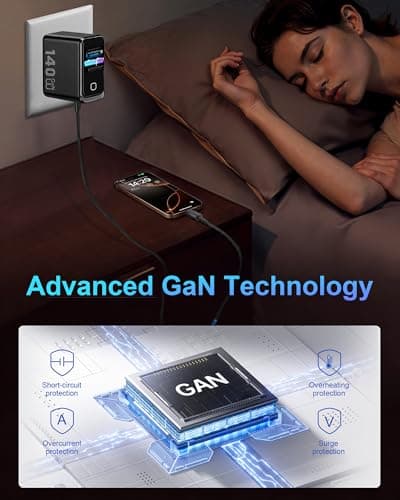 USB C Charger Block 140W Smart Display Touch Control Charging Block Foldable Compact Wall Plug 4 Port PD PPS GaN Charger with 2 Pcs 5Ft Cable for MacBook iPad iPhone 17/16/15 Series Tablet Laptop - Thumbnail 5