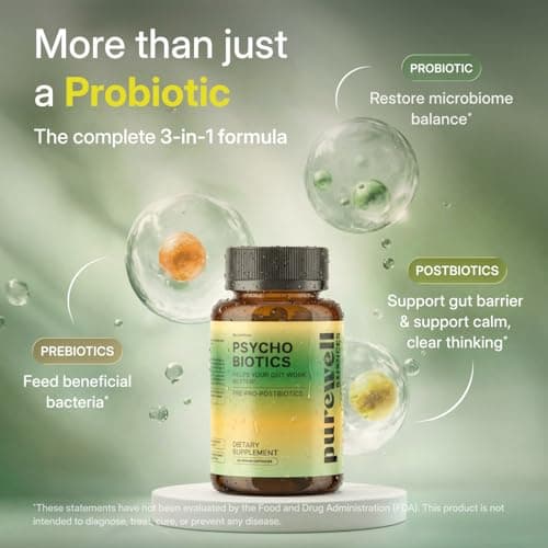 PUREWELL SCIENCES Psychobiotics – Advanced 3-in-1 Probiotic Prebiotic Postbiotic Supplement for Gut and Mood Support - 60 Vegan Probiotic Capsules – 50 Billion CFU – 1-Month Supply - Thumbnail 2