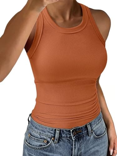 C.O.Z.Y Tank Tops for Women Ribbed Racerback Top Shirts High Neck Tank Casual Slim fit Basic Summer Tops Orange XXL - Image 1