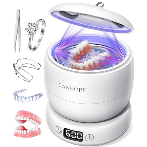 CANHOPE Ultrasonic Retainer Cleaner Machine, Ultrasonic Jewelry Cleaner, Denture Cleaner for Invisalign, Mouth Guards, Night Guards, Aligners, Toothbrush – Detachable Base & Lid, Digital Timer, White