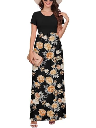 DEARCASE Women Long Maxi Dress Flower Yellow Black Small Crewneck Boho Short Sleeve A-line Casual Hawaiian Flowy Party Vintage Spring Summer Beach Dresses with Pockets