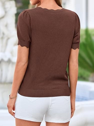 BTFBM Short Sleeve Sweater for Women 2026 Spring Summer Knit Basic Tops Lightweight Business Casual Vacation Outfits(Brown, Small) - Thumbnail 3