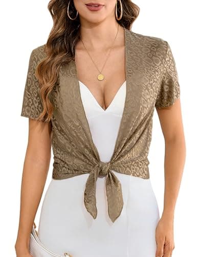 Totatuit Women's Short Sleeve Sheer Shrugs for Dresses Cropped Cardigan Tie Front Bolero Leopard Khaki Small - Image 1
