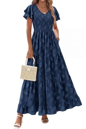 dowerme Maxi Dresses for Women 2026 Summer Ruffle Sleeve V Neck Smocked A Line Floral Boho Tiered Sundress Spring Outfit(Navy Blue,XX-Large) - Image 1