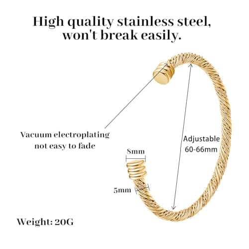 BOLAGTIER Stainless Steel Twisted Cable Wire Bracelets Adjustable Open Cuff Bangle Bracelet Vintage Jewelry Gift for Women (C-Gold 62) - Thumbnail 5