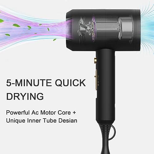 slopehill Professional Ionic Hair Dryer, Powerful 1800W Fast Drying Low Noise Blow Dryer with 2 Concentrator Nozzle 1 Diffuser Attachments for Home Salon Travel (Black) - Thumbnail 2