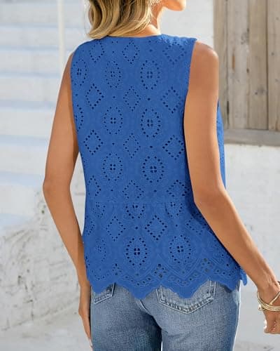 BTFBM Womens Tank Tops 2026 Summer Casual Sleeveless Button Down Shirts Embroidered Eyelet Blouse Beach Vacation Clothes(Blue, Large) - Thumbnail 3