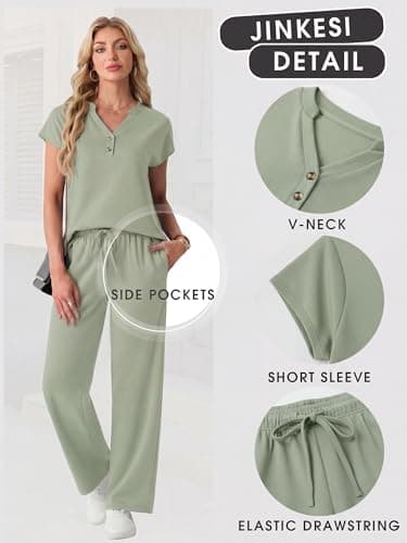 JINKESI Two Piece Sets for Women Summer Outfits Lounge Sets V-neck Tops Wide Leg Pants Vacation Travel Casual Outfit Gray Green-M - Thumbnail 5