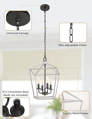 L LOHAS LED Oak White Farmhouse Chandelier, Industrial 4-Light Lantern Light, Dining Room Lighting Fixtures, Adjustable Height Metal Cage, Kitchen Island, Entryway, E12 - Thumbnail 5
