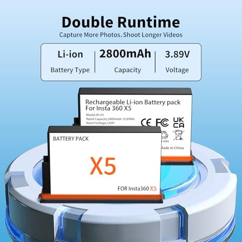 Runpower Insta 360 X5 Batteries (2 Packs) with Fast Charge Hub Dual Fast Charging Case w/LCD Display, Intelligent Charger Hub for Insta360 X5, Shows Battery SOC (Battery*2 and Charger*1) - Thumbnail 2