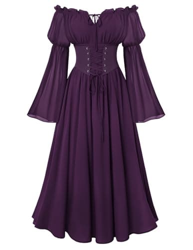 Scarlet Darkness Renaissance Costume Women Off Shoulder Corset Dress Long Sleeve Fairy Maxi Dresses Deep Purple L - Image 1