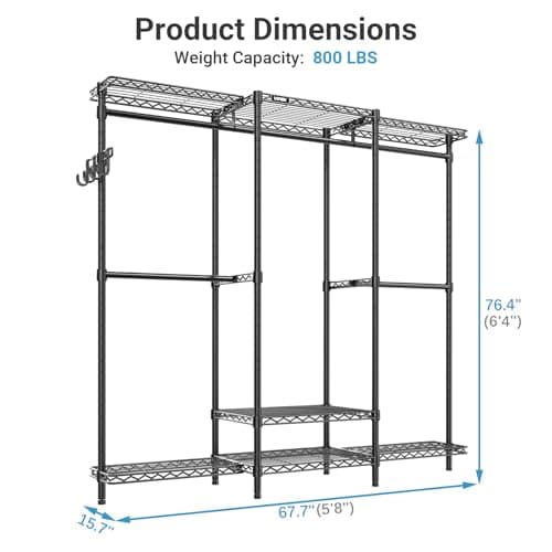 VIPEK V3 Nano Clothes Rack with 4 Semi-Shelves and 3 Standard Shelves, Clothing Rack for Hanging Clothes, Free Standing Closet System, Portable Metal Wardrobe for Bedroom, Max Load 800LBS, Black - Thumbnail 5