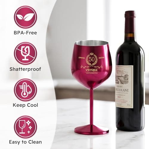 TJ 50th Birthday Gifts for Women Vintage Engraved Wine Glass 50th Birthday Stainless Steel Wine Glass Birthday Decorations For Women, 50 Year Old Birthday Gifts for Sister Friends Wife Aunt, Hot Pink - Thumbnail 4