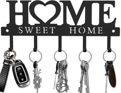 Key Holder Hooks Organizer Hanger Rack Wall Mounted Sweet Home Metal Decor Stylish and Practical for Entryway Front Door Kitchen Hallway Garage Mudroom Office Hardware Included Black (Sweet 13 inches) - Image 1