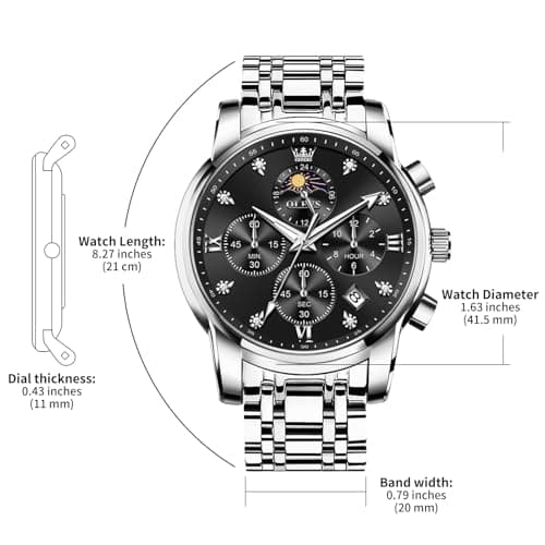 OLEVS Watch Men,Black and Silver Watches for Men,Men's Silver Watch Black Face,Chronograph Moon Phase Mens Wristwatch with Date Luxury,Dress Man Wristwatch,Relojes De Hombre - Thumbnail 5