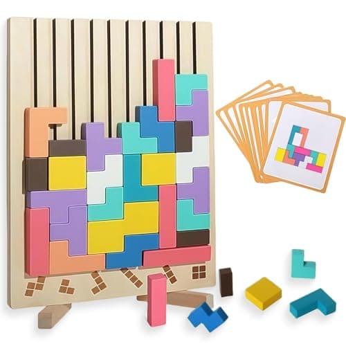 FAMCHAINS Wooden Block Stacking Puzzle Toy, Sliding Tiles Game, Russian Block Game with Pattern Cards, Stress Relief Toy,Giant Jigsaw Puzzle Board - Image 1