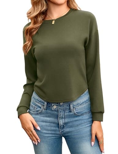 Totatuit Women Casual Long Sleeve Crop Tshirts Crewneck Loose Cropped Tee Basic Plain Fall Sweatshirts Drop Shoulder Army Green Small - Image 1