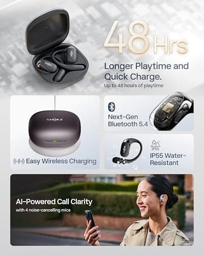 SHOKZ New OpenFit 2+ Open-Ear Headphones, Dolby Audio Enabled, Comfortable Earbuds with Soft Ear Hooks, 48H Playtime, IP55 Water-Resistant, USB-C Fast Charging, Wireless Charging, Carrying Bag, Black - Thumbnail 6