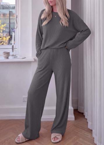 KIRUNDO Spring 2 Piece Lounge Sets for Women Long Sleeve Ribbed Knit Tops Wide Leg Pants Matching Travel Outfits Postpartum(Dark Grey, XX-Large) - Thumbnail 2