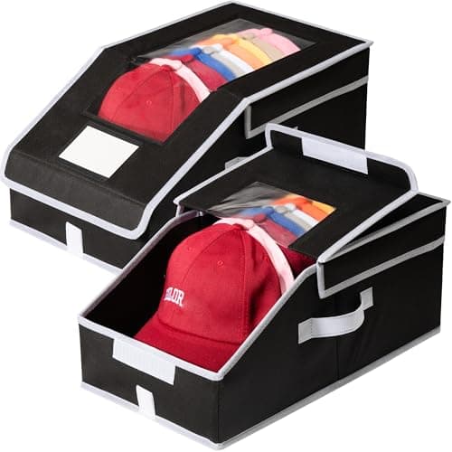 Stowsia Hat Organizer for Baseball Caps, 2 Pack Stackable Hat Storage Boxes with Clear Window, Holds up to 28 Caps, Foldable Hat Organizer for Closet & Shelf, Black - Image 1