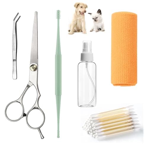 ATEYUWIS Dog Ear Cleaning Kit for Dogs and Cats, Pet Ear Care Grooming Tool Set with Pet-Safe Silicone Ear Cleaner, Tweezers, Scissors, Cotton Swabs and Cleaning Cloth