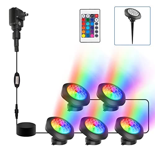 CREPOW RGBW Pond Lights,18 LED Super Bright Underwater Submersible Fountain Lights, 98ft Remote Control IP68 Waterproof Color Changing Spotlights for Fish Aquarium Tank Garden Yard Pool (Set of 5)
