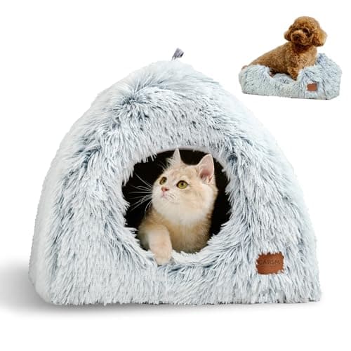 CATISM Cat Bed, Cat Cave for Indoor Cats, Soft Cat Dome, Self-Warming 2 in 1 Foldable Pet Cat House with Washable Cushioned Pillow Calming Fluffy Dog Beds for Small Dogs with Anti-Slip Bottom Gray