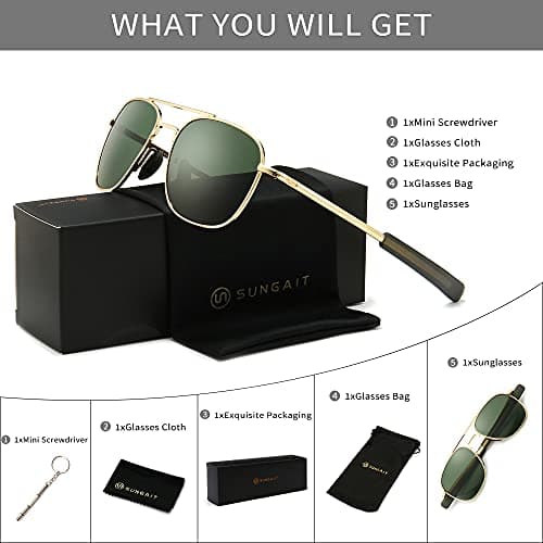 SUNGAIT Men's Military Style Polarized Pilot Aviator Sunglasses - Bayonet Temples (Gold Frame/Green Lens, 55) A285JKLV - Thumbnail 6