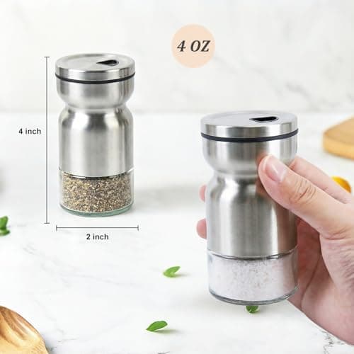 Salt and Pepper Shakers Set Glass, 4 oz Salt Pepper Containers with Adjustable Pour Holes, Glass Bottle & Stainless Steel Outlook for Kitchen Cooking, BBQ, Bar, Table, RV, Camp (Silver) - Thumbnail 3