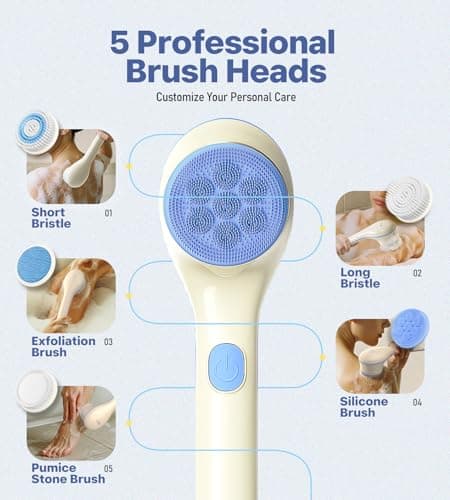 Electric Body Brush Back Scrubber for Shower, Waterproof Long Handle Body Scrubber Bath Brush with 5 Heads, Rechargeable Body Scrub Brush, 2 Speeds for Cleansing, Exfoliating and Massage (White) - Thumbnail 2