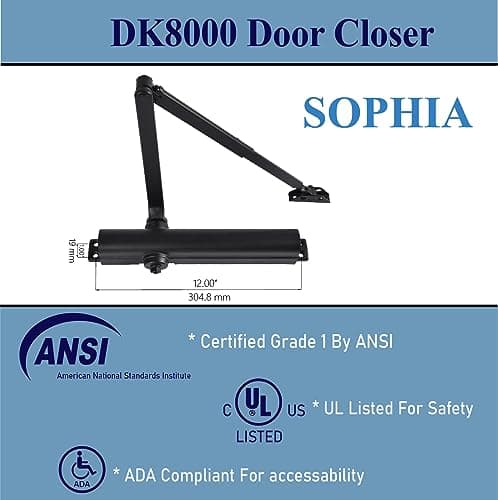 SOPHIA Door Closer Commercial Grade 1, Automatic Door Closer Heavy Duty, Fully Adjustable for 44-330LBS Doors, Auto Door Closure High Traffic Areas - ADA Compliant & UL Listed, Matte Black, DK8000 - Thumbnail 4